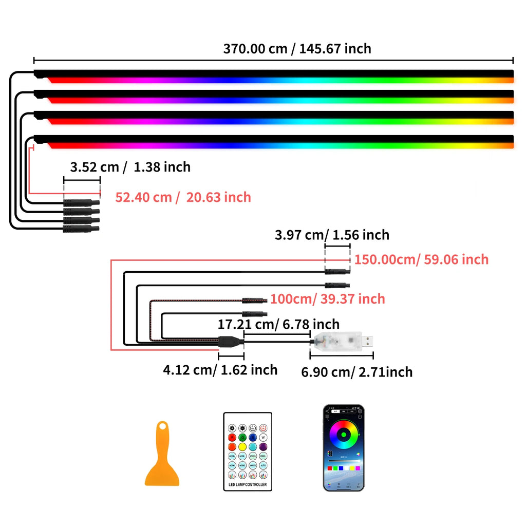 4 in 1 Full Color Streamer Car Door Frame LED Ambient Lights Symphony Acrylic Light Strip USB Atmosphere Lamp Kit Remote Control