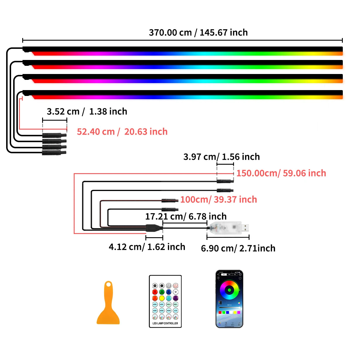 4 in 1 Full Color Streamer Car Door Frame LED Ambient Lights Symphony Acrylic Light Strip USB Atmosphere Lamp Kit Remote Control