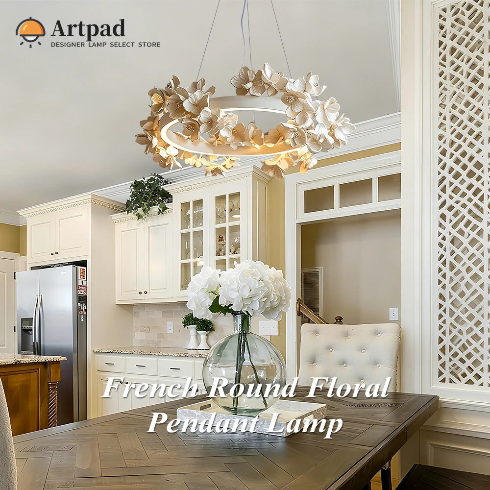 French Round Floral Pendant Lamp For Living Dining Room Kitchen Table Cream White Resin Hanging Light Double Layer Chandelier