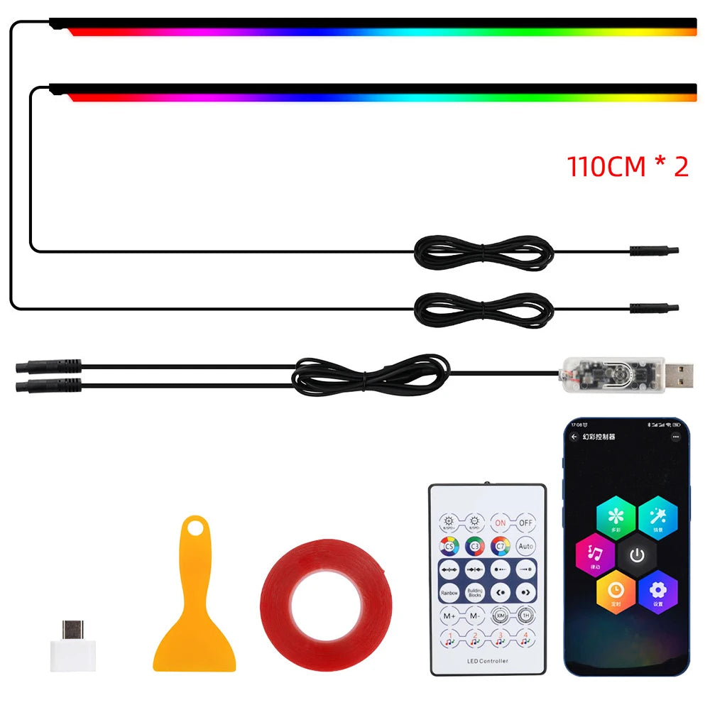 Car Led Ambient Light USB 68 Colors Acrylic Strips 110cm Full Colors RGB Car Interior Hidden App Remote Control Atmosphere Lamp