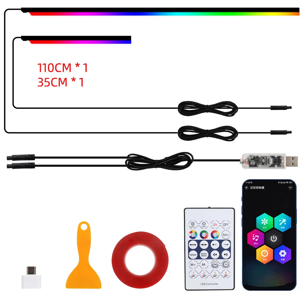 Car Led Ambient Light USB 68 Colors Acrylic Strips 110cm Full Colors RGB Car Interior Hidden App Remote Control Atmosphere Lamp