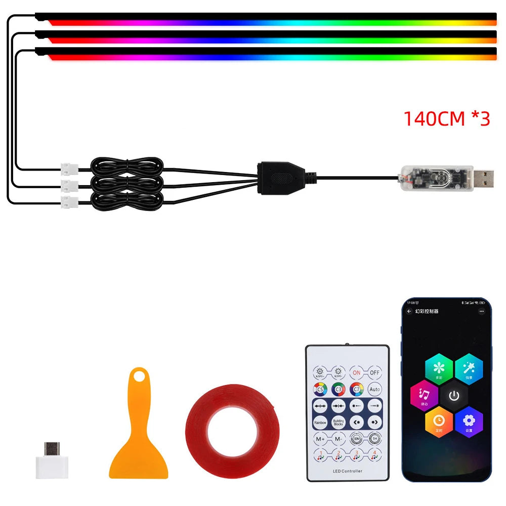 Car Led Ambient Light USB 68 Colors Acrylic Strips 110cm Full Colors RGB Car Interior Hidden App Remote Control Atmosphere Lamp