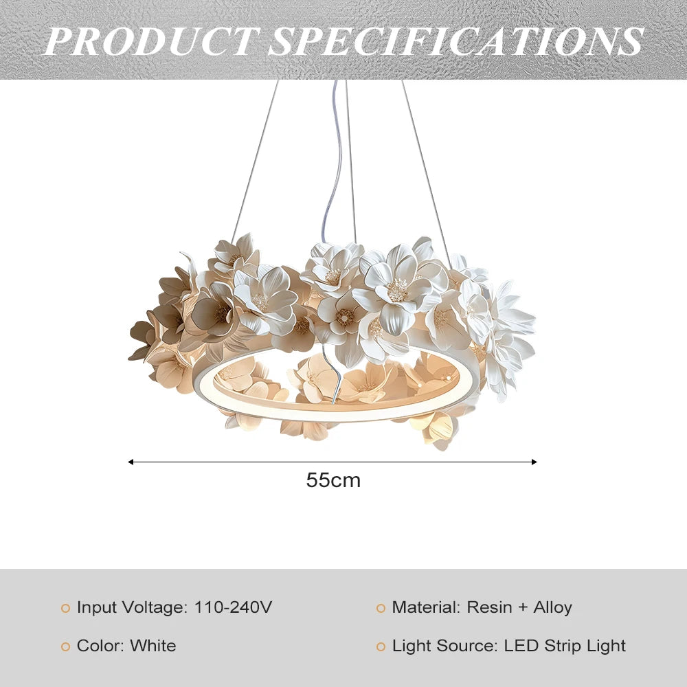 French Round Floral Pendant Lamp For Living Dining Room Kitchen Table Cream White Resin Hanging Light Double Layer Chandelier