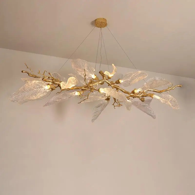 Luxury Villa Copper Branch Chandelier Dining Room Living Room Lobby Designer Art Resin Leaf Pendant Lamp Chandelier High Ceiling