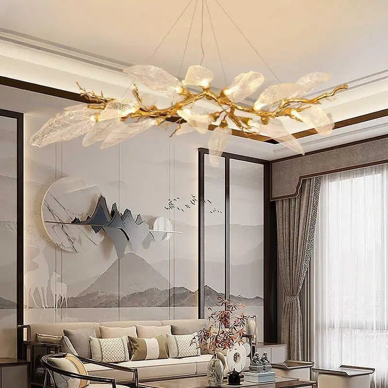 Luxury Villa Copper Branch Chandelier Dining Room Living Room Lobby Designer Art Resin Leaf Pendant Lamp Chandelier High Ceiling