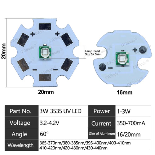 1-50pcs 3W 3535 UV Purple High Power LED Lamp Chip 365nm 370nm 385nm 395nm 400nm 410nm 420nm Beads Ultra Violet Light With PCB