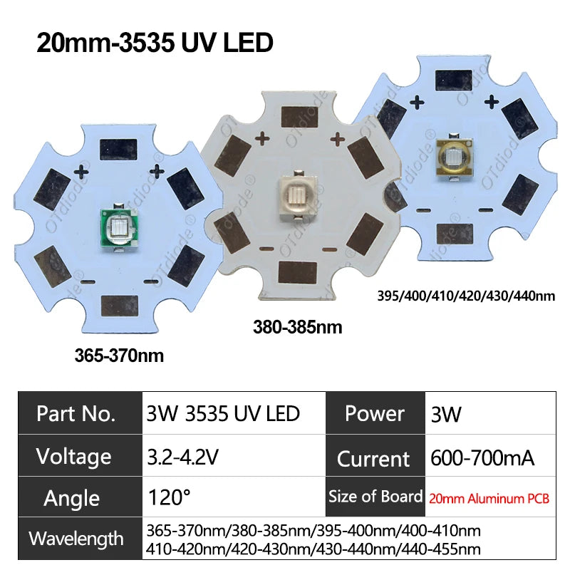 1-50pcs 3W 3535 UV Purple High Power LED Lamp Chip 365nm 370nm 385nm 395nm 400nm 410nm 420nm Beads Ultra Violet Light With PCB