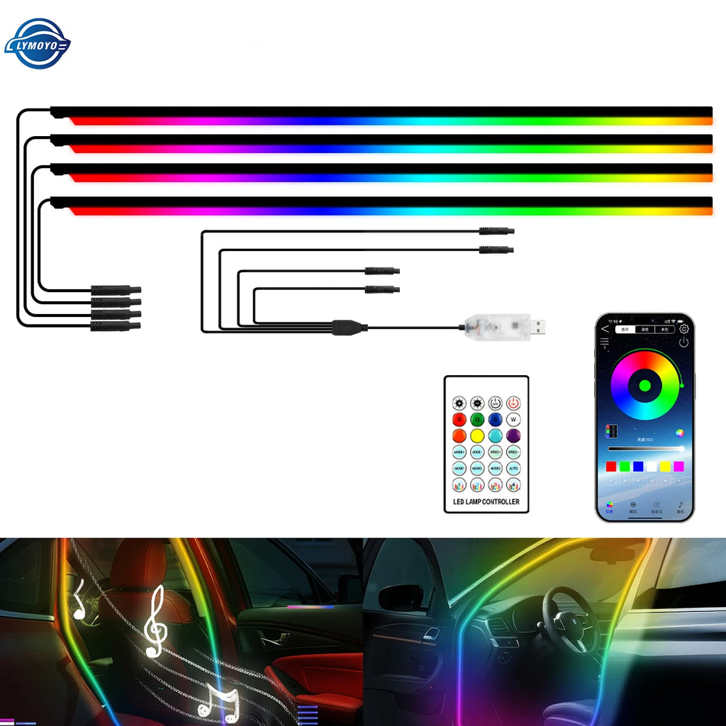 4 in 1 Full Color Streamer Car Door Frame LED Ambient Lights Symphony Acrylic Light Strip USB Atmosphere Lamp Kit Remote Control
