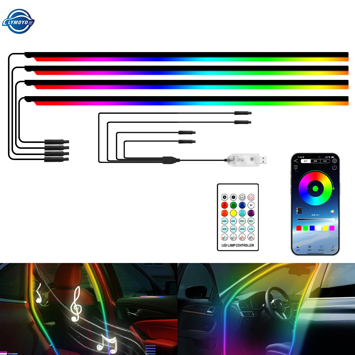 4 in 1 Full Color Streamer Car Door Frame LED Ambient Lights Symphony Acrylic Light Strip USB Atmosphere Lamp Kit Remote Control