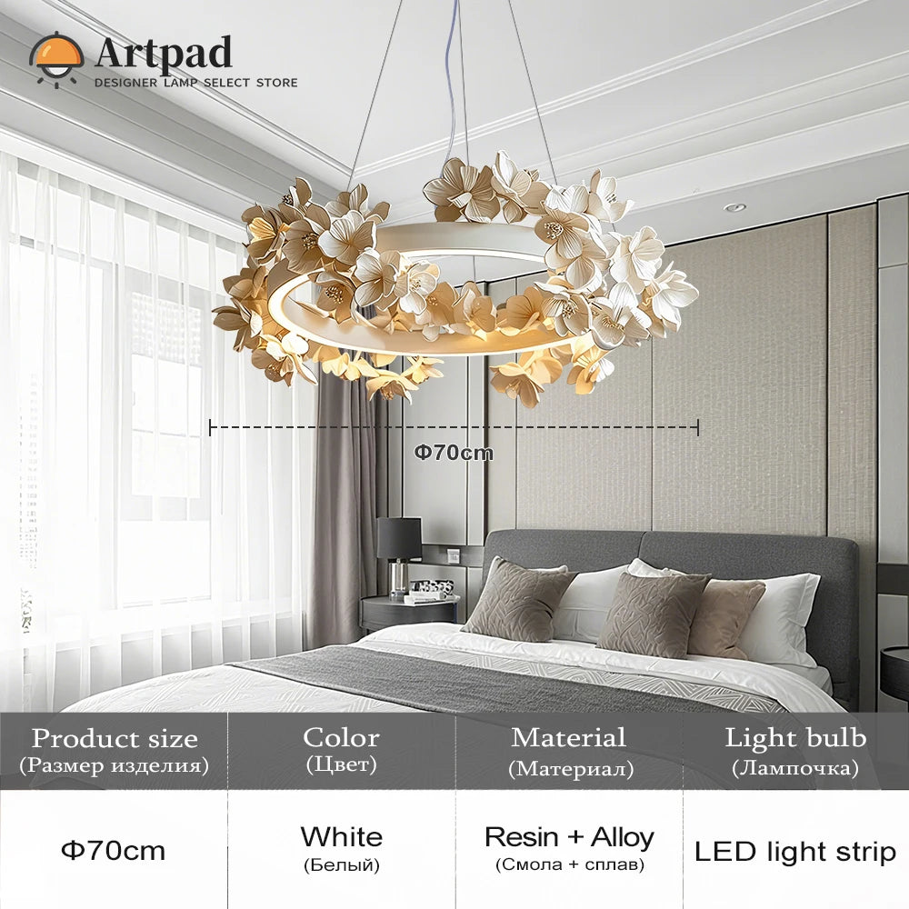 French Round Floral Pendant Lamp For Living Dining Room Kitchen Table Cream White Resin Hanging Light Double Layer Chandelier