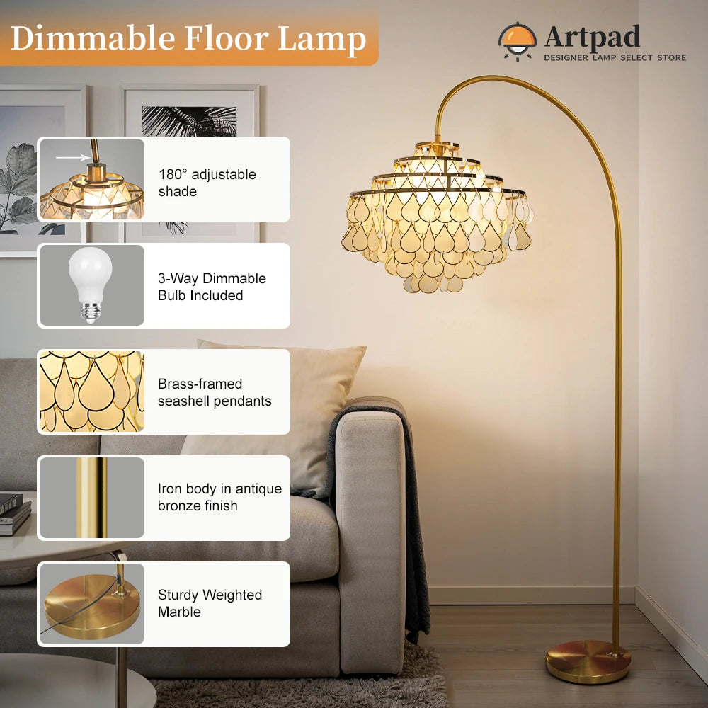 Luxury Bronze Floor Lamp For Living Room Bedroom Study Table Modern Room Decoration White Natural Seashell Stand Light