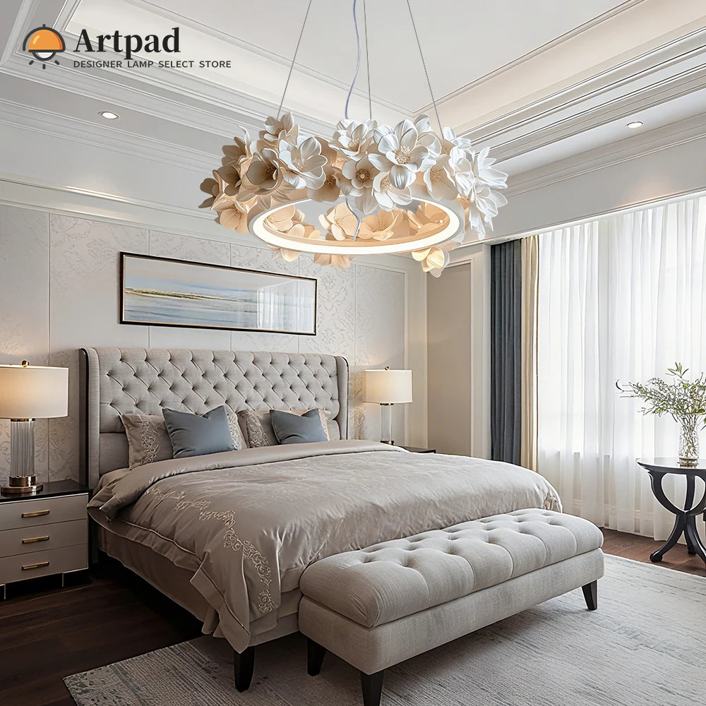 French Round Floral Pendant Lamp For Living Dining Room Kitchen Table Cream White Resin Hanging Light Double Layer Chandelier