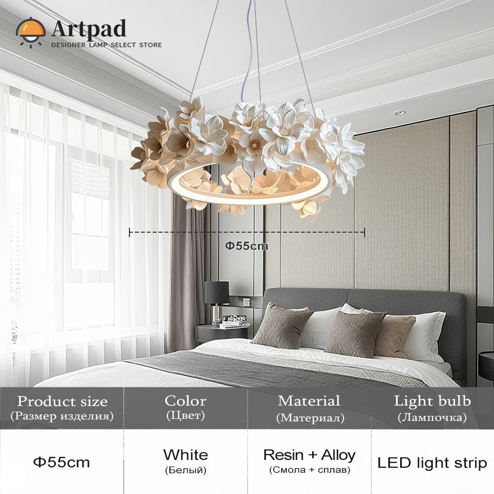 French Round Floral Pendant Lamp For Living Dining Room Kitchen Table Cream White Resin Hanging Light Double Layer Chandelier