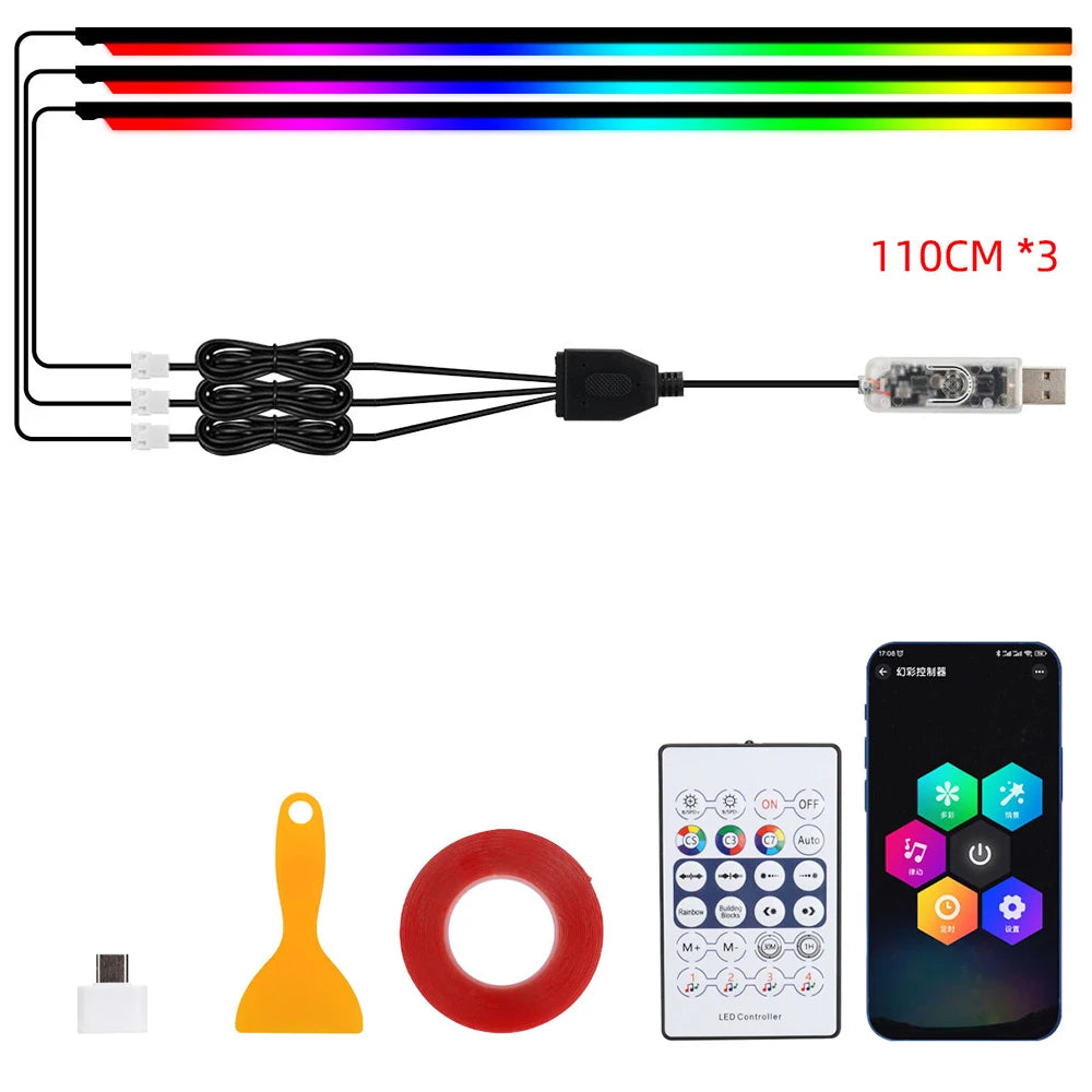 Car Led Ambient Light USB 68 Colors Acrylic Strips 110cm Full Colors RGB Car Interior Hidden App Remote Control Atmosphere Lamp