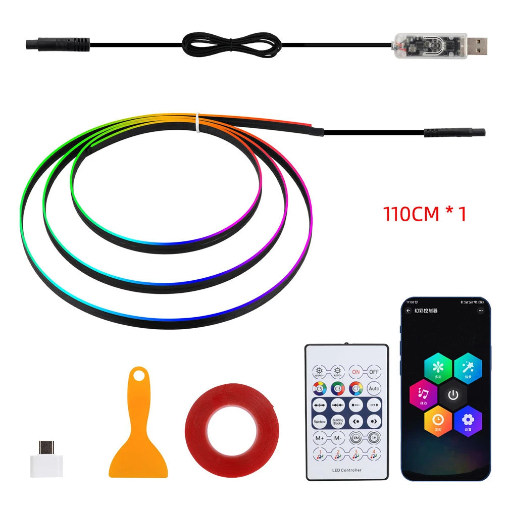 Car Led Ambient Light USB 68 Colors Acrylic Strips 110cm Full Colors RGB Car Interior Hidden App Remote Control Atmosphere Lamp