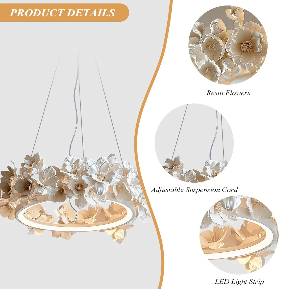 French Round Floral Pendant Lamp For Living Dining Room Kitchen Table Cream White Resin Hanging Light Double Layer Chandelier