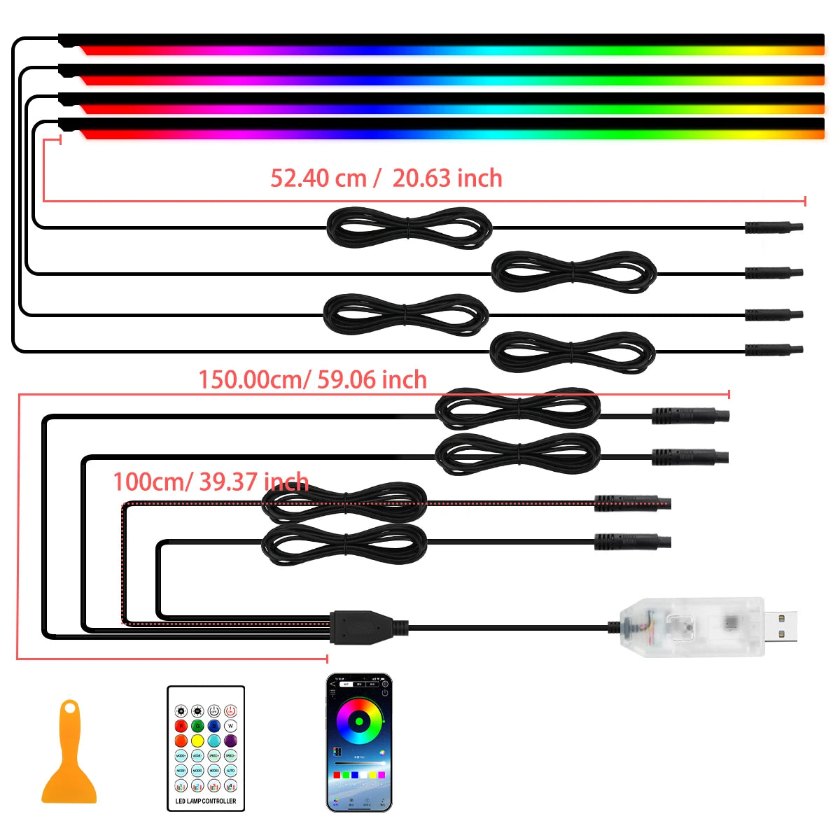 4 in 1 Full Color Streamer Car Door Frame LED Ambient Lights Symphony Acrylic Light Strip USB Atmosphere Lamp Kit Remote Control