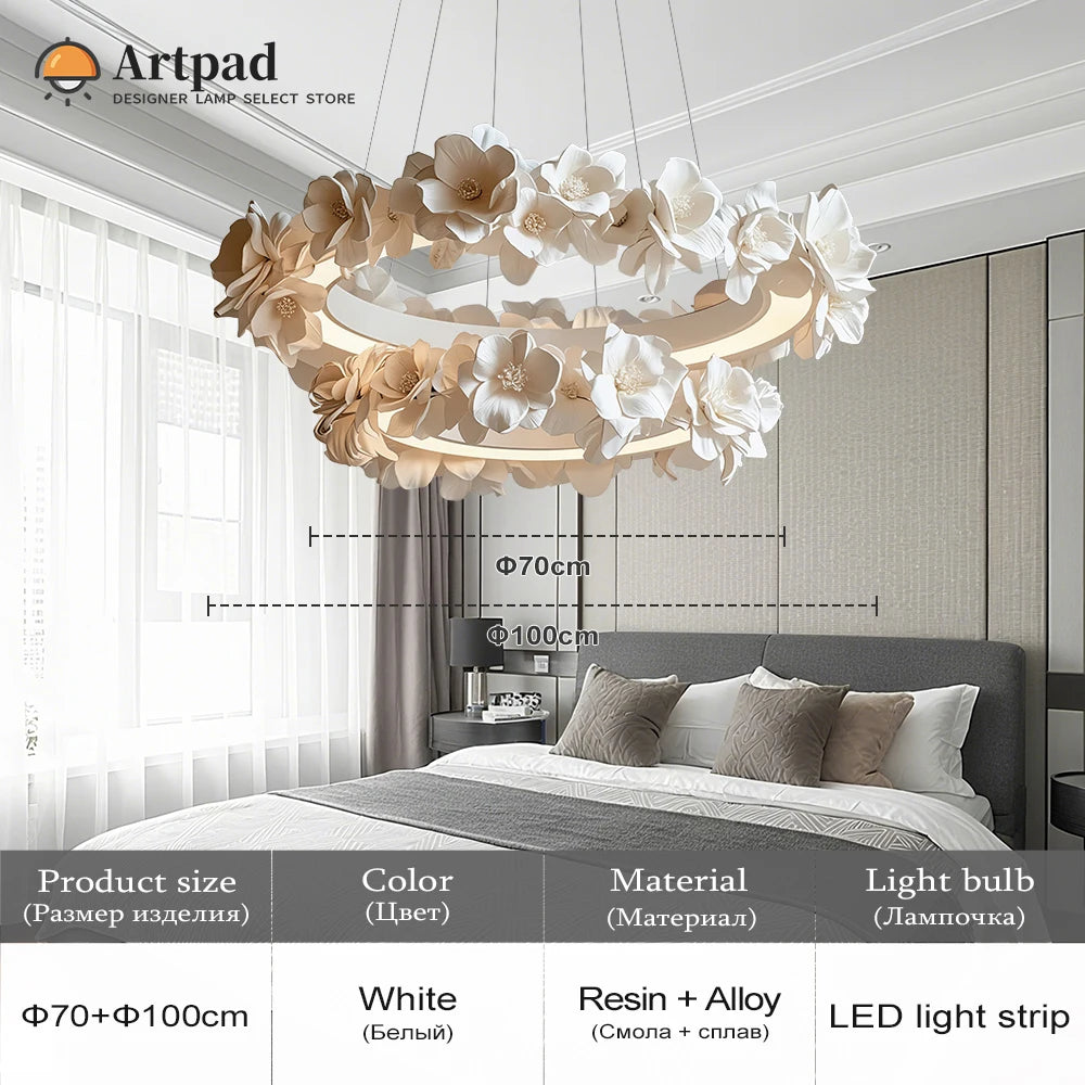 French Round Floral Pendant Lamp For Living Dining Room Kitchen Table Cream White Resin Hanging Light Double Layer Chandelier