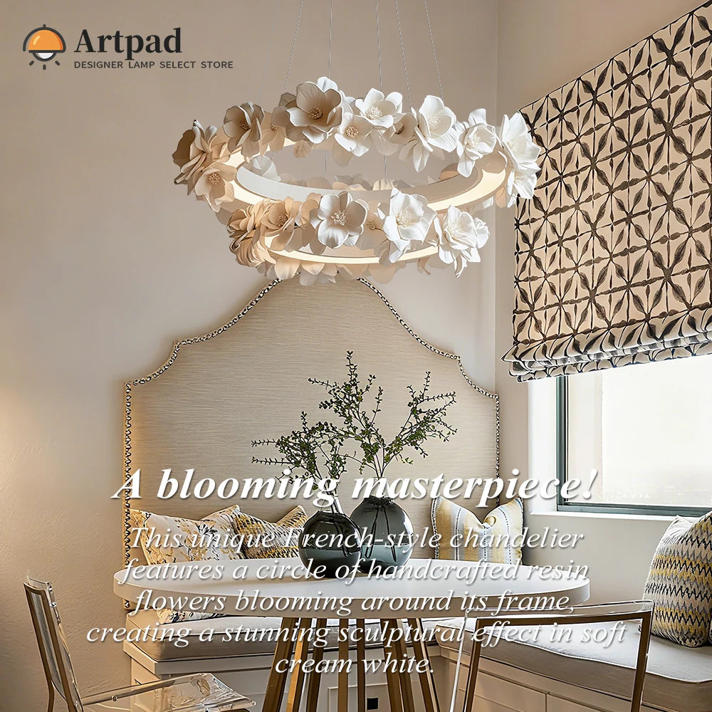 French Round Floral Pendant Lamp For Living Dining Room Kitchen Table Cream White Resin Hanging Light Double Layer Chandelier