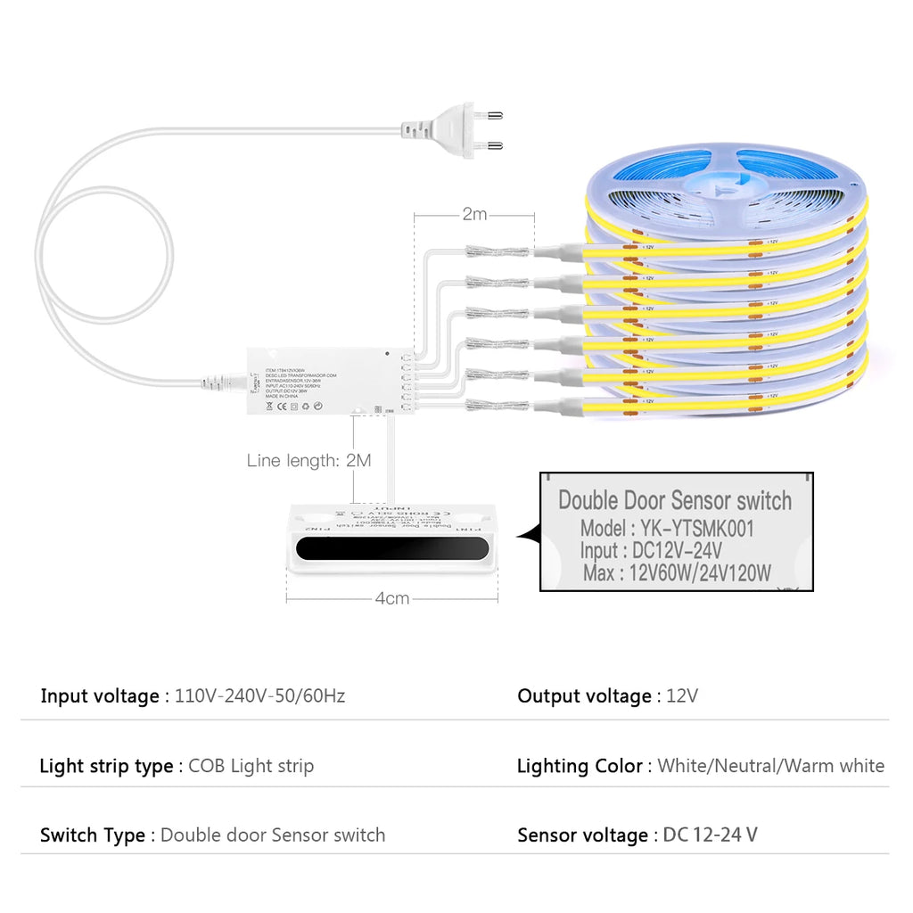 Smart Door Proximity Sensor Control LED Under Cabinet Lights 12V COB LED Strip Showcase Wardrobe Lamp Backlight For Room Kitchen